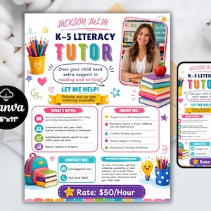 May include: A flyer for a K-5 literacy tutor named Jackson Julia, featuring colorful graphics of books, pencils, and a backpack. The text includes tutoring services, contact information, and a rate of $50/hour, displayed on a white background.
