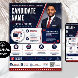 May include: A political campaign flyer template measuring 8.5 inches by 11 inches, featuring a portrait of a candidate in a suit, red tie, and American flag pin. The design includes sections for election date, platform goals, and contact information.