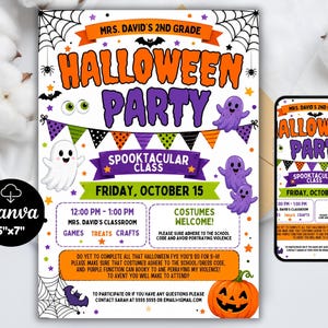 以下が含まれることがあります： デイビッド先生の2年生クラスのハロウィーンパーティー招待状チラシ。オレンジと紫の文字、漫画の幽霊、ジャック・オー・ランタン、クモの巣、旗の装飾が特徴です。イベントの詳細、日付、教室の情報が記載されています。