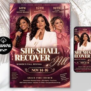 Op de afbeelding: Een 5x7 inch flyer en smartphonescherm met een kerkevenementposter getiteld She Shall Recover All. Het ontwerp toont drie personen, gouden tekst en een donkerbordeauxrode achtergrond met een kruis, de data 14-16 nov en Grace Fire Church details.