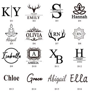 May include: A collection of sixteen black graphic designs on a white background, featuring various monograms, names like Emily, Sophia, Hannah, Abigail, Olivia, Isabella, Amelia, Chloe, Grace, and Ella, along with symbols like deer antlers and lotus.