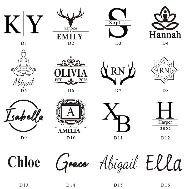 May include: A collection of sixteen black graphic designs on a white background, featuring various monograms, names like Emily, Sophia, Hannah, Abigail, Olivia, Isabella, Amelia, Chloe, Grace, and Ella, along with symbols like deer antlers and lotus.
