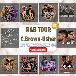 May include: A collection of R&B Tour DTF iron-on transfers featuring Usher and Chris Brown. The designs include various portraits of the artists, tour logos, concert dates, and signatures in gold, black, and purple tones with the text R&B TOUR.