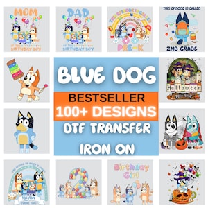Peut inclure: Une collection de transferts thermocollants DTF sur le thème du chien bleu, présentant divers motifs de personnages de dessins animés, incluant des thèmes d'anniversaire, d'école et d'Halloween, avec le texte BLUE DOG BESTSELLER 100+ DESIGNS.