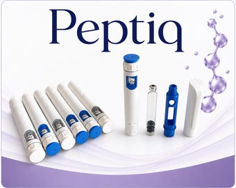 May include: A collection of white and blue medical injection pens labelled Peptiq, featuring several assembled pens, a clear glass cartridge, a blue plastic inner component, and a white outer cap, with a purple molecular graphic.