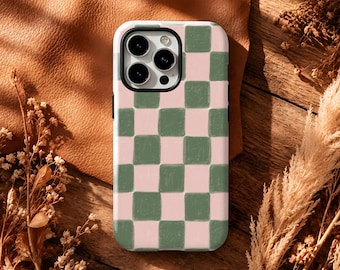 Sage Green Blush Pink Checkered Phone Case, Retro Checkerboard Cover,For iPhone 11–18 Pro Max,Samsung Galaxy S20–S26 Or Custom Your Model