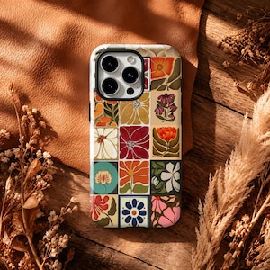 Retro lapptäcke blommigt iPhoneskal, Boho Grid Flower MagSafe-fodral, för iPhone 11–18 Pro Max, Samsung Galaxy S20–S26 eller anpassa din modell