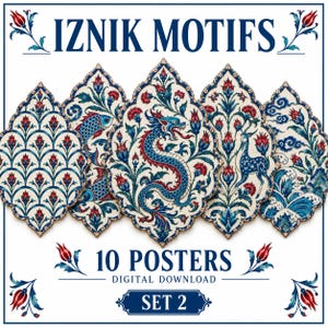 May include: A digital download set of 10 posters featuring Iznik motifs. The collection displays five pointed, ornate shapes decorated with intricate blue, red, and white floral patterns, a dragon, fish, a deer, and stylized clouds and waves.