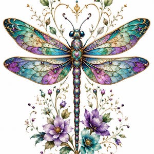 May include: A detailed illustration of a dragonfly with iridescent teal and purple wings featuring intricate patterns. The body is segmented with gold accents. It is surrounded by gold filigree vines, purple and teal flowers, and small beads.