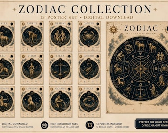 Vintage Zodiac Poster Set, 13 Astrology Wall Art Prints (Digital Download)