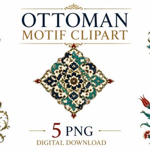 Ottomanska motiv Clipart PNG, turkisk dekorativ konst, islamiska blommiga ornament, 5 PNG digital nedladdning, ottomansk kakeldesign