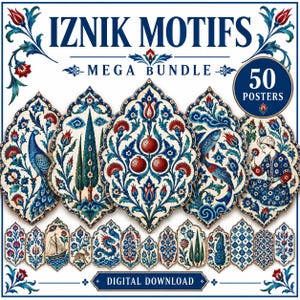 May include: A digital download bundle titled IZNIK MOTIFS MEGA BUNDLE featuring 50 posters. The collection displays various ornate, pointed-arch shaped illustrations with blue, red, and green floral, animal, and human patterns on white.