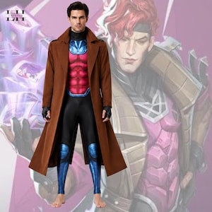 May include: A brown trench coat worn over a fitted bodysuit featuring a red chest plate with blue accents and black leggings with blue knee details. The outfit includes black fingerless gloves and is displayed against a graphic illustration.