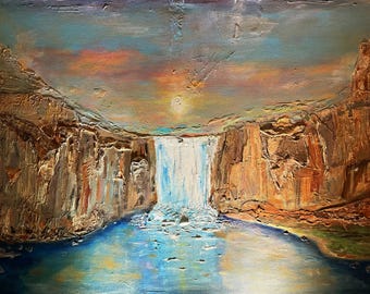 Textured Waterfall Landscape Painting | Mixed Media Canyon Wall Art (30x40) | The Forgotten Valley