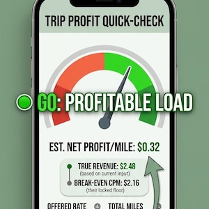 May include: A smartphone screen displaying a Trip Profit Quick-Check calculator. The interface features a gauge pointing to GO: PROFITABLE LOAD, with fields for offered rate, total miles, fuel price, and deadhead miles, showing a net profit of $0.32.