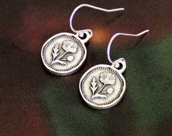 Flower Earrings, Poppy, Sterling Ear Wires, Small Round Dangle.