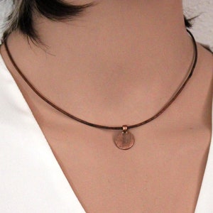 Copper Disc Necklace, Rustic Copper Circle Charm, Black Brown Leather Necklace, Minimal Copper Charm Necklace, Thin Leather Cord