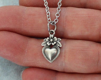 Dainty Flowery Heart Charm Necklace, Romantic Little Silver Charm, Stainless Steel Chain