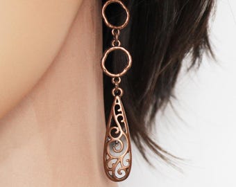Copper Dangle Earrings, 14k Rose Gold Filled Ear Wires, 3 Inches Long, Hammered Copper Circle