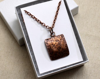 Square Hammered Copper Necklace, Rustic Texture Geometric Boho