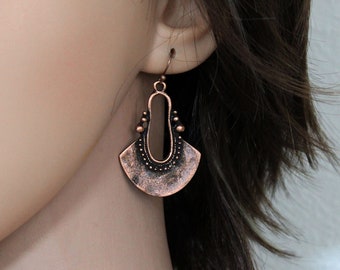 Dangling Copper Earrings, Bold Statement Earrings, Antique Copper Drop, Under 20