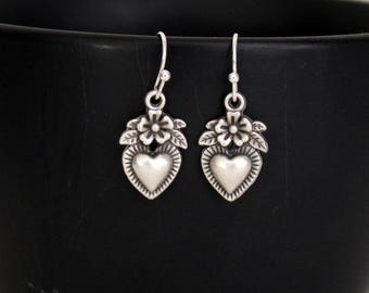 Dainty Flowery Heart Earrings, Sterling Or Silver Plated Ear Wires Or Kidneys