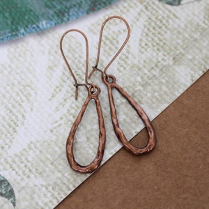 Hammered Copper Open Teardrop Rustic Earrings, Boho Copper Drops, Lever Backs, Kidneys, Ear Wires
