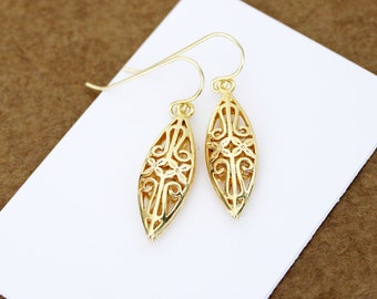 Gold Dangle Earrings: Elegant Gold Filigree Openwork Drops, All 18k GP