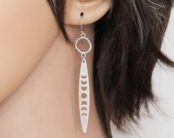 Silver Circle Moon Phase Earrings, Sterling Silver Ear Wires, 3 Inches Long