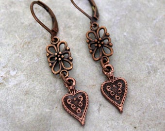 Antiqued Copper Earrings: Little Heart With Filigree Flower, Ear Wires, Kidneys, Or Lever Backs
