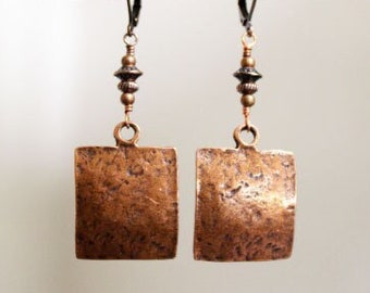 Square Copper Dangle Earrings. Boho Hammered Copper. Lever Backs.