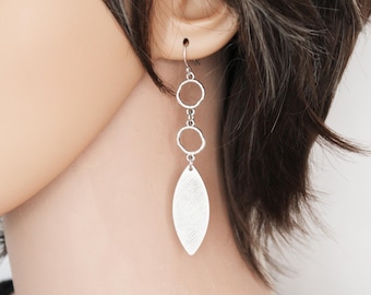 Silver Circle Earrings, Sterling Silver Ear Wires, Marquise, 3.25 Inches Long, Hammered Dangles