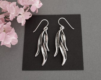 Willow Leaves Earrings. Sterling Ear Wires. Long Silver Leaf Earrings