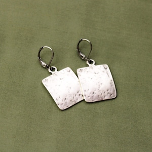 Square Drop Earrings, Stainless Lever Backs OR Sterling Silver Ear Wires, Rustic Hammered Texture Silver Dangle Earrings