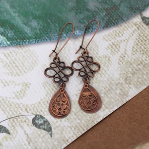 Copper Earrings, Rustic Copper Dangle Teardrop Earrings With Filigree Charm, Boho Copper Drop