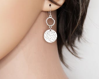 Circle Earrings, Sterling Silver Ear Wires, Hammered Silver Round Charms