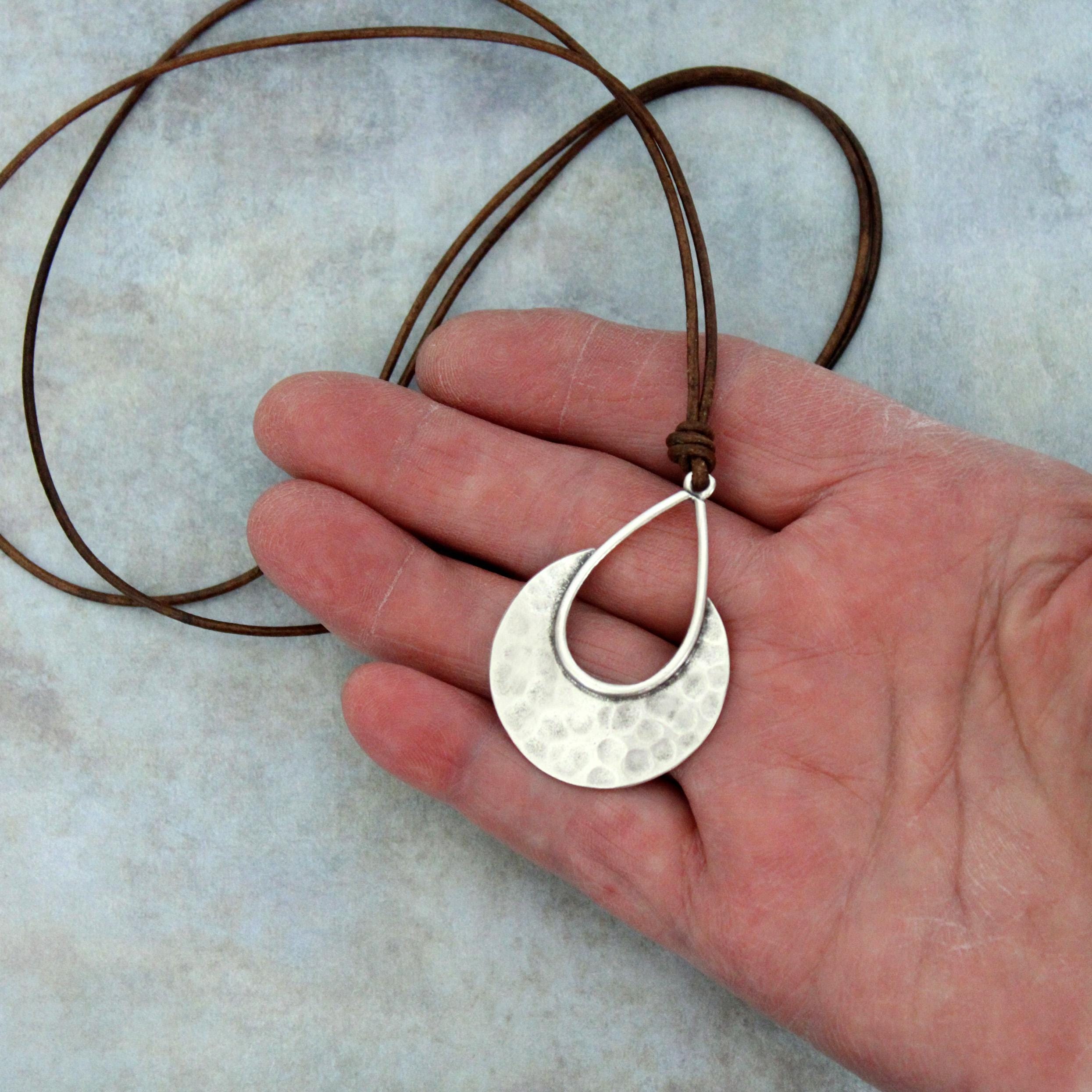Boho Leather Necklace With Silver Teardrop Pendant, Brown or 