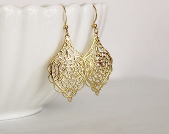 Gold Filigree Teardrop Earrings, All 18k G Plated, 2in Long, Dainty Lacy Feminine