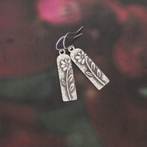 Flower Earrings, Daisy, Sterling Silver Ear Wires, Rectangle Drop.