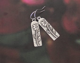 Flower Earrings, Daisy, Sterling Silver Ear Wires, Rectangle Drop.