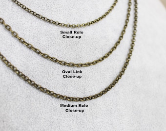Antique Bronze Chains: Choose Small Rolo, Oval Link, Or Medium Rolo