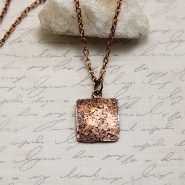 Copper Pendant Necklace, Square Antique Copper Hammered Texture Rustic Boho Jewelry
