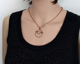 Rustic Copper Necklace With Circle Pendant, Long Boho Layering Necklace, Geometric Jewelry