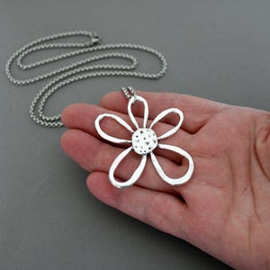 Antiqued Silver Flower Necklace With Stainless Steel Rolo Chain