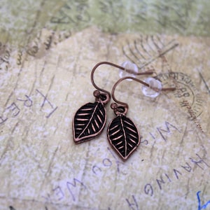 May include: A pair of copper leaf earrings with a dark brown finish. The earrings are on a white background.