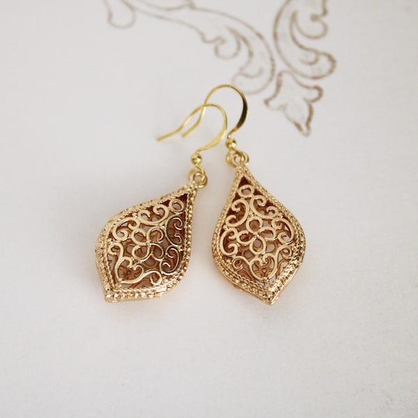 Gold Filigree Earrings, 18k GP Gold Dangle Earrings