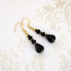 Black and Gold Drop Earrings - Faceted Black Beaded Earrings - Black Dangle Earring - Gift For Her