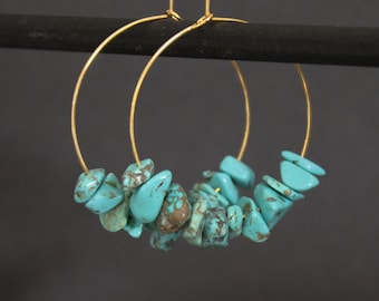 Turquoise Hoop Earrings, 18K Gold Plate, Raw Turquoise Gemstone Beads, Gift For Her