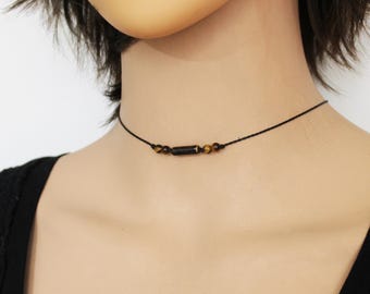 Black Choker With Tigers Eye, Choker Necklace, Waterproof Adjustable Boho Minimalist