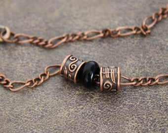 Black Onyx Copper Choker, Minimalist Beaded Copper Chain, Short Chain Necklace, Rustic Copper Jewelry
